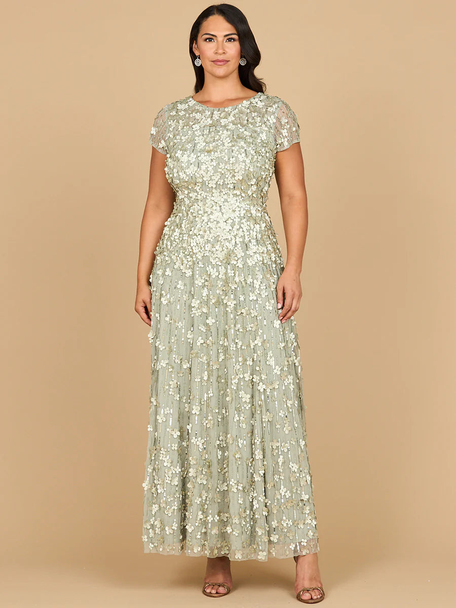 3D Floral Embellished Cap Sleeve Gown 29181