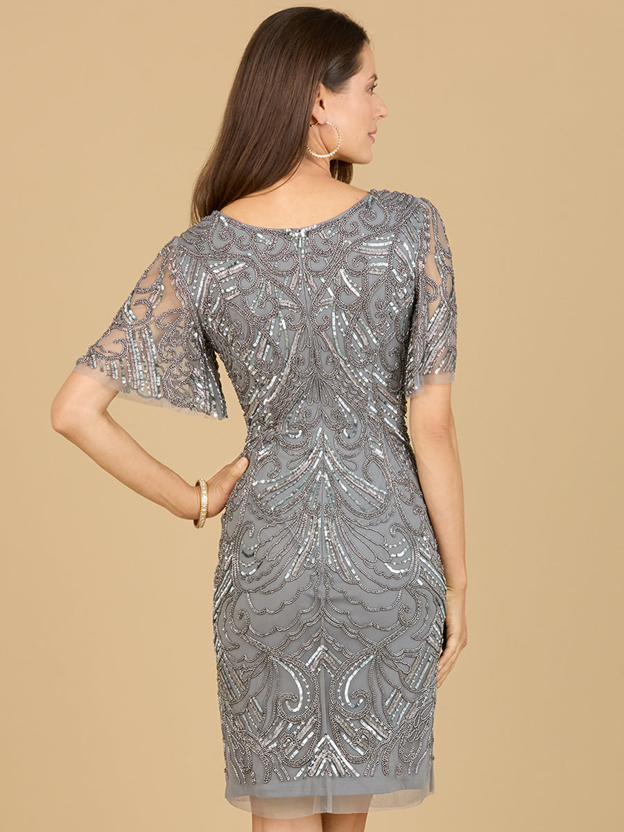 Beaded Cocktail Dress with Short Sleeves - OUTLET 29182