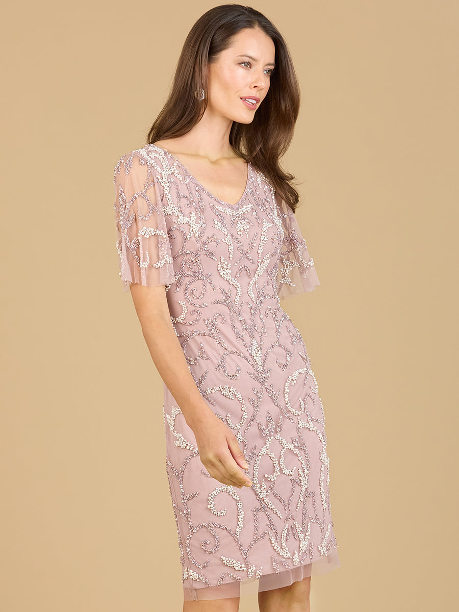 Beaded Short Dress with Cape Sleeves - OUTLET 29185