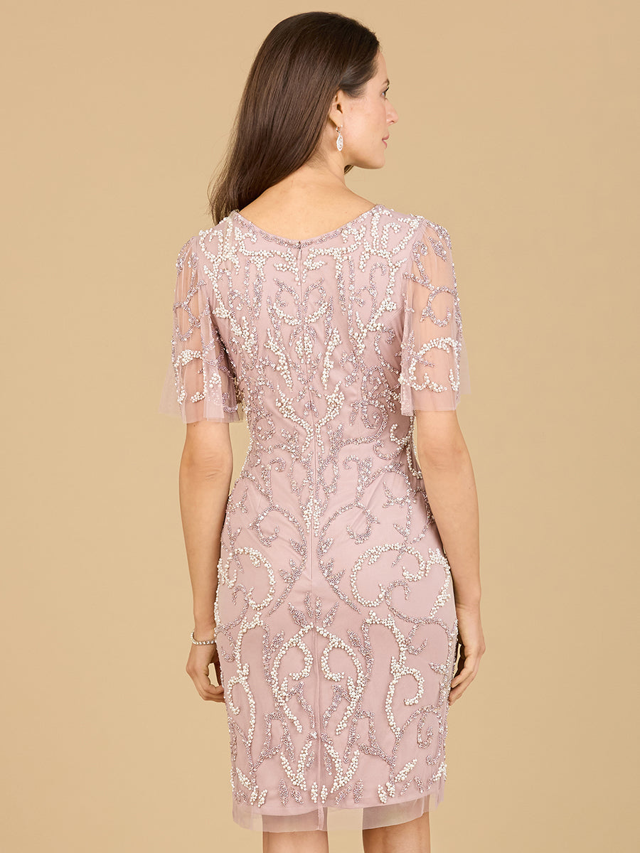 Beaded Short Dress with Cape Sleeves - OUTLET 29185