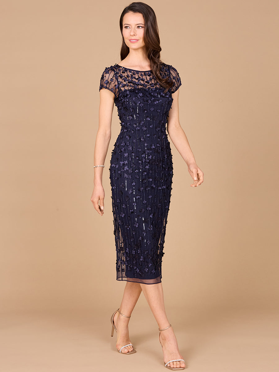 3D Applique Midi Dress with Cap Sleeves 29186