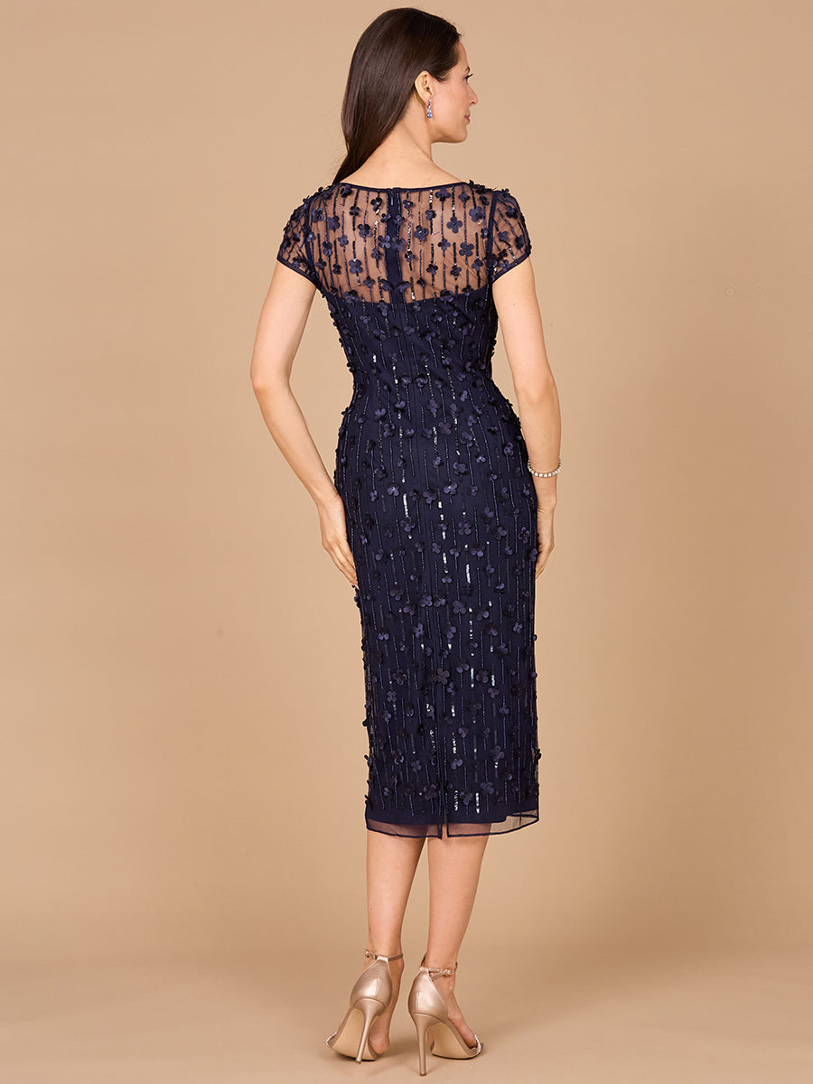 3D Applique Midi Dress with Cap Sleeves 29186