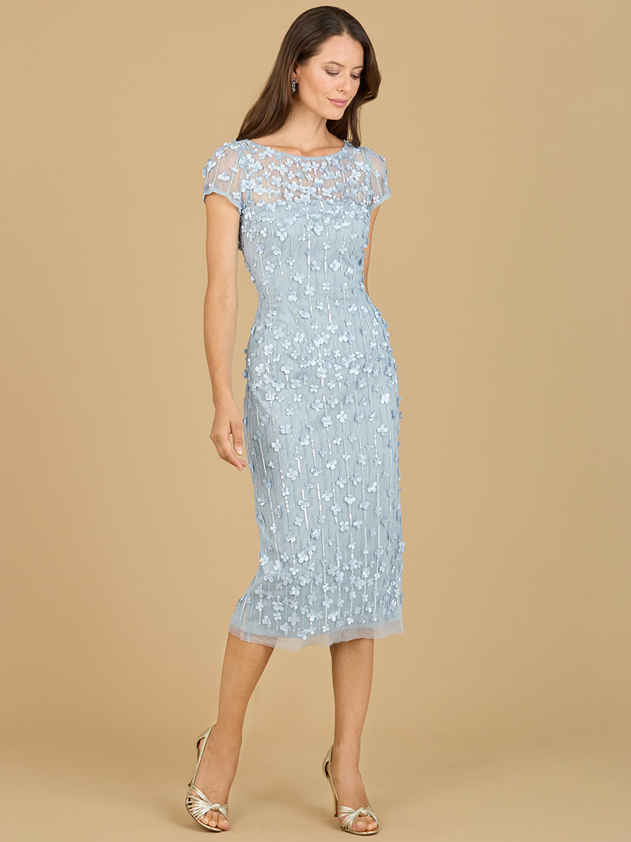3D Applique Midi Dress with Cap Sleeves 29186
