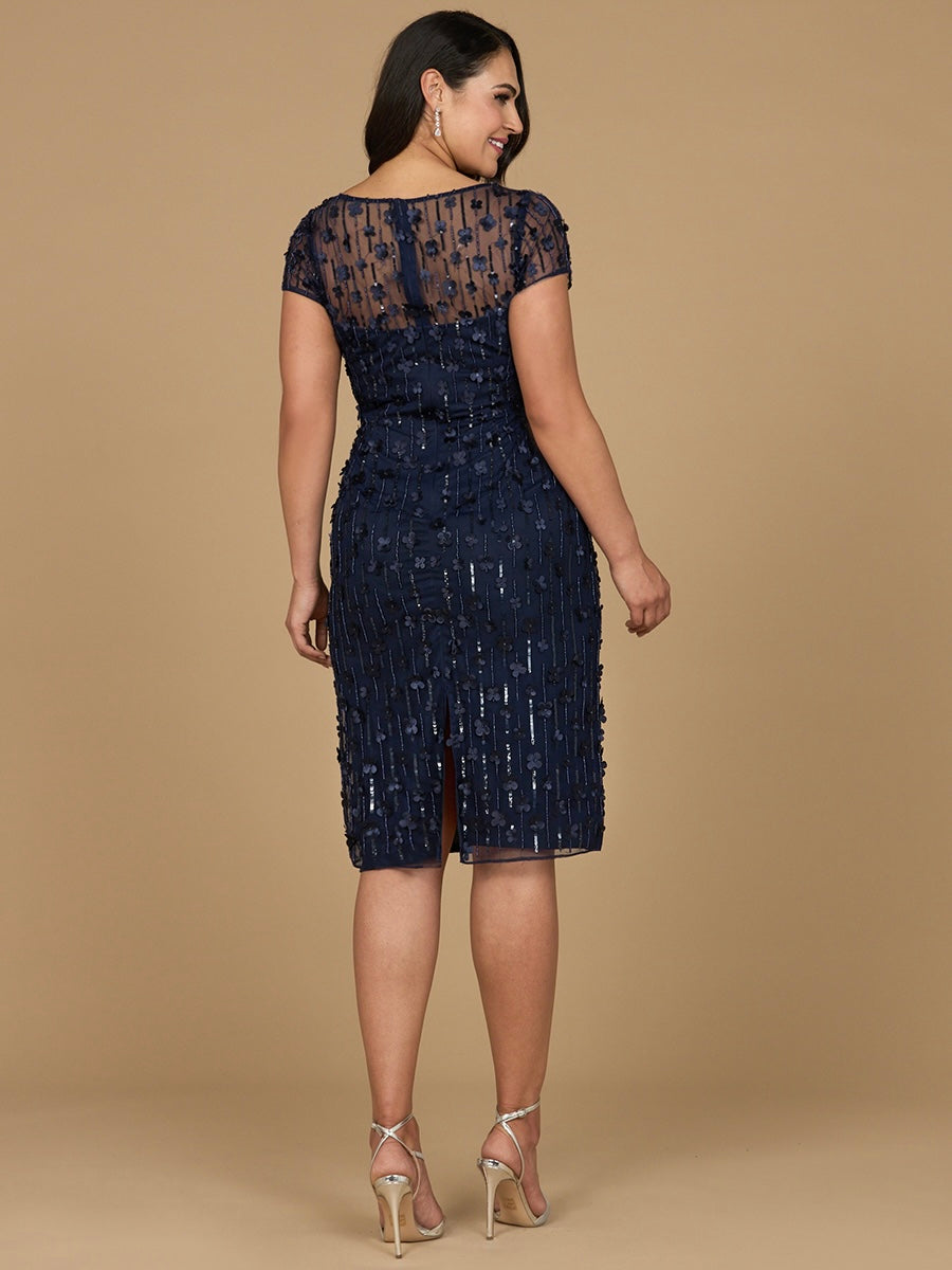 3D Applique Midi Dress with Cap Sleeves 29186