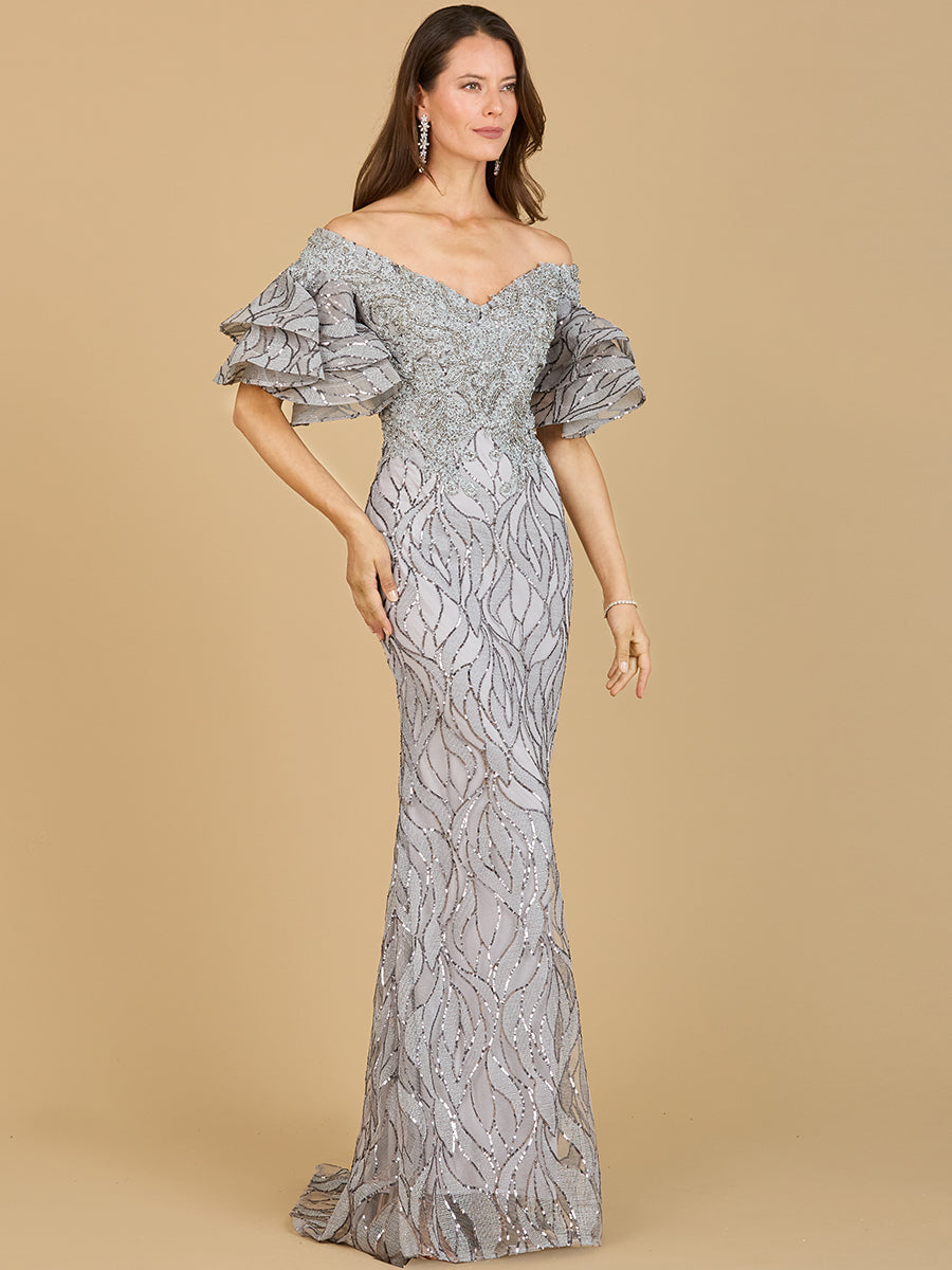 Off Shoulder Mermaid Beaded Gown with Tiered Sleeves 29190