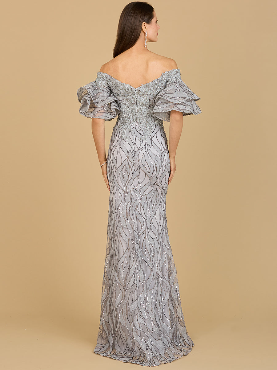 Off Shoulder Mermaid Beaded Gown with Tiered Sleeves 29190
