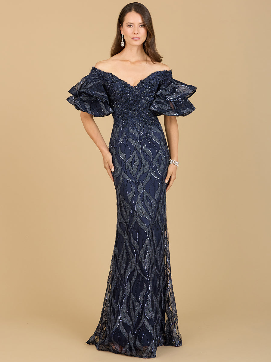 Off Shoulder Mermaid Beaded Gown with Tiered Sleeves 29190