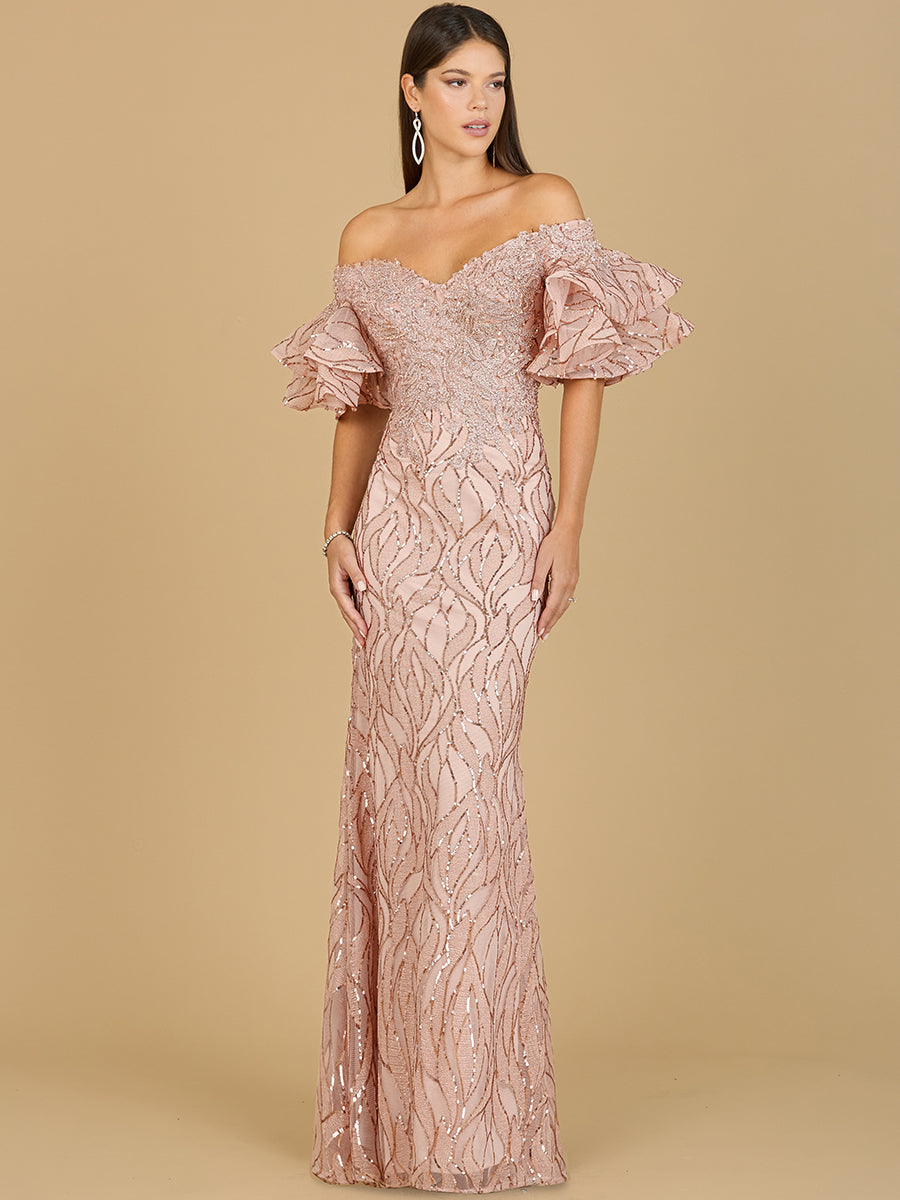 Off Shoulder Mermaid Beaded Gown with Tiered Sleeves 29190