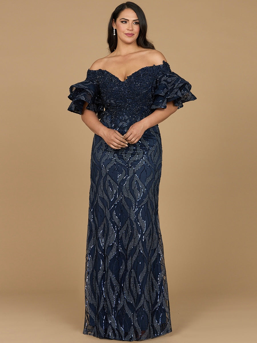 Off Shoulder Mermaid Beaded Gown with Tiered Sleeves 29190