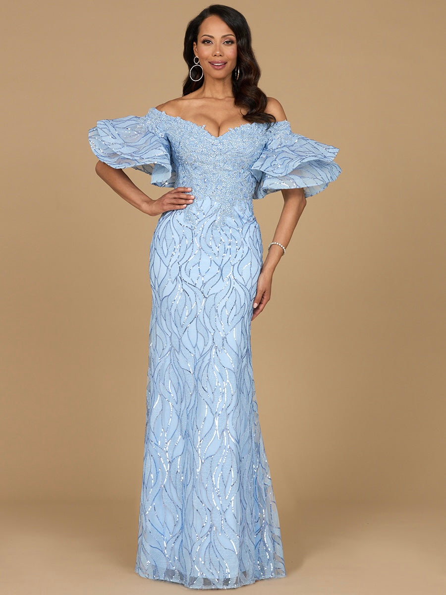 Off Shoulder Mermaid Beaded Gown with Tiered Sleeves 29190