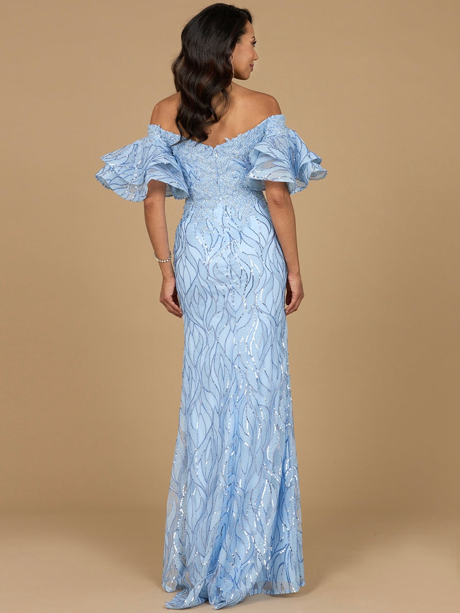 Off Shoulder Mermaid Beaded Gown with Tiered Sleeves 29190