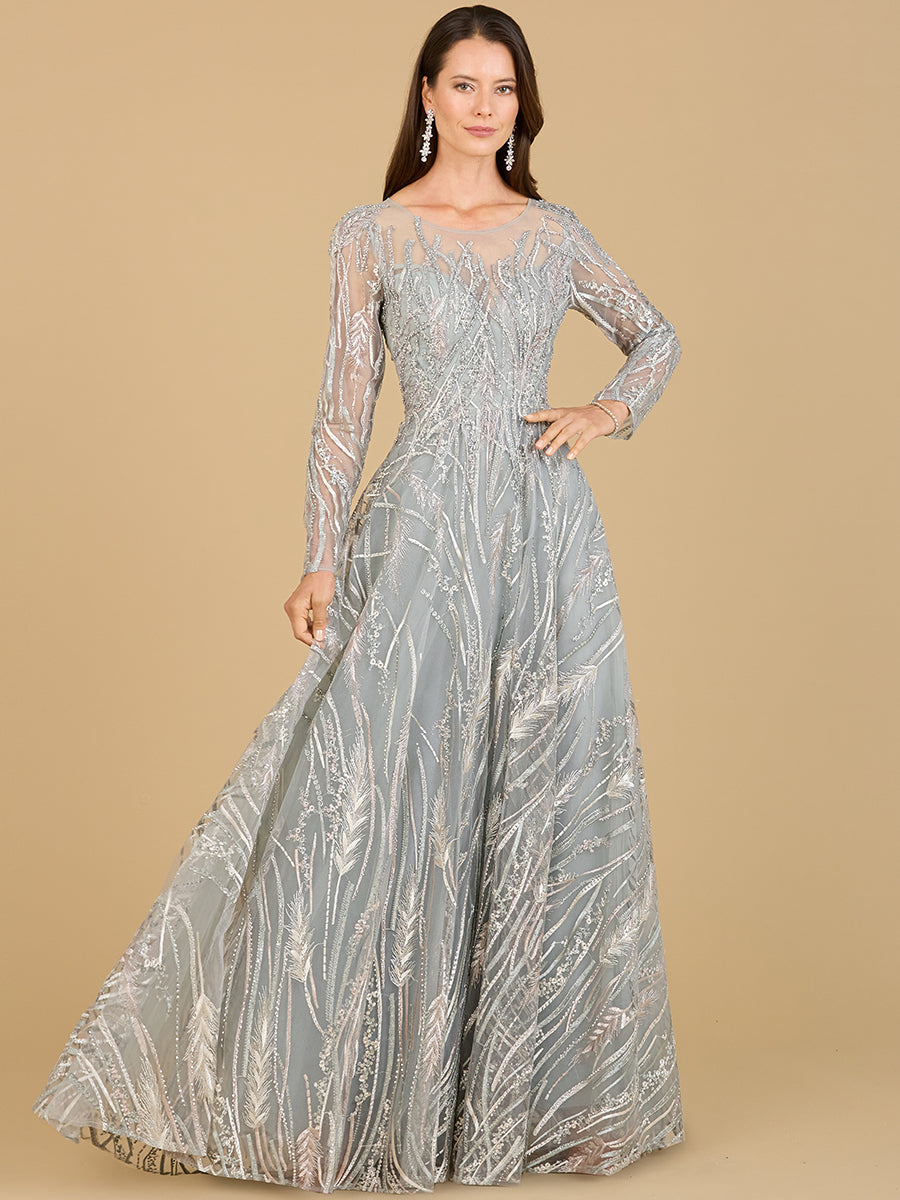 Long Sleeve Illusion Neck Gown 29192