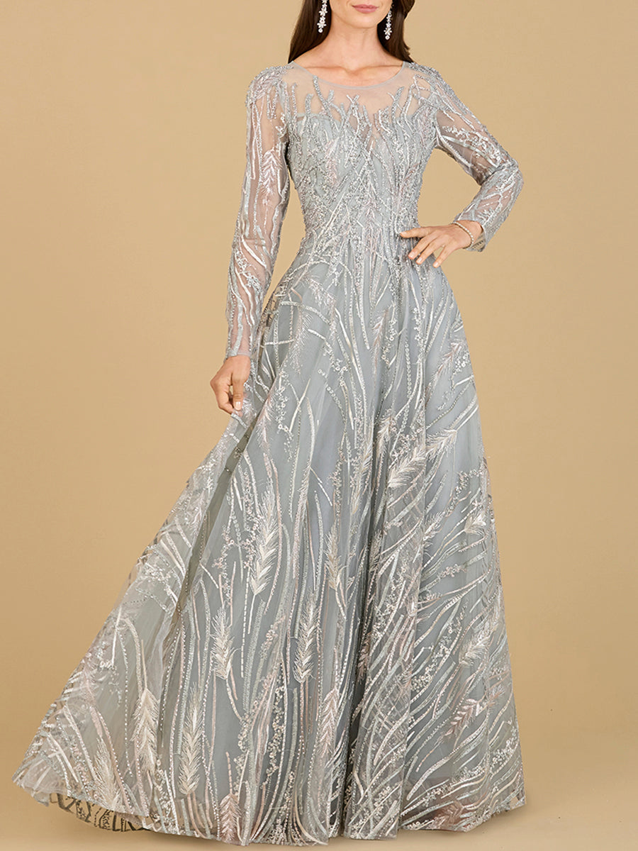 Long Sleeve Illusion Neck Gown 29192
