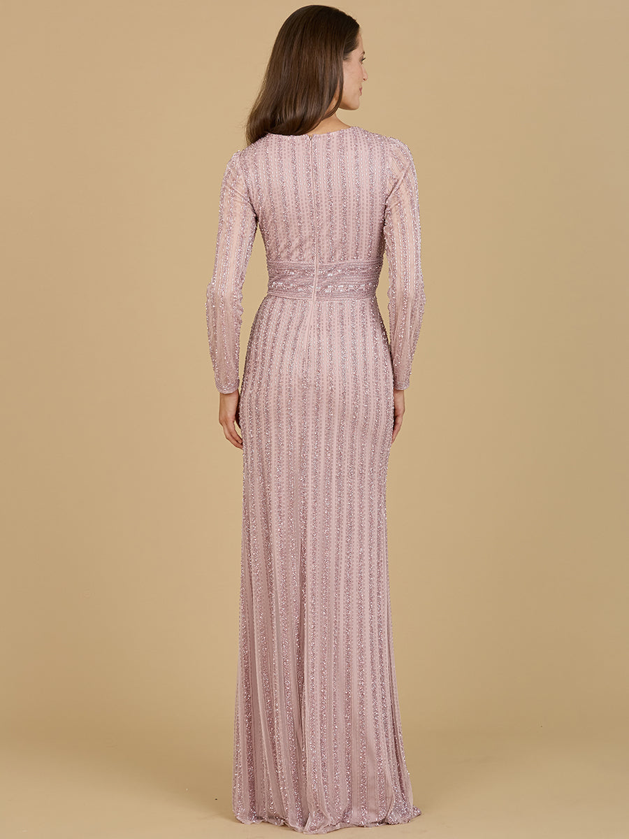 Long Sleeve V-Neck Beaded Gown 29203