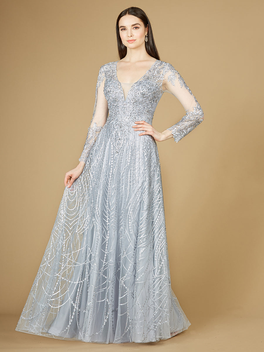 Long Sheer Sleeve V-Neckline Sheath Gown 29206