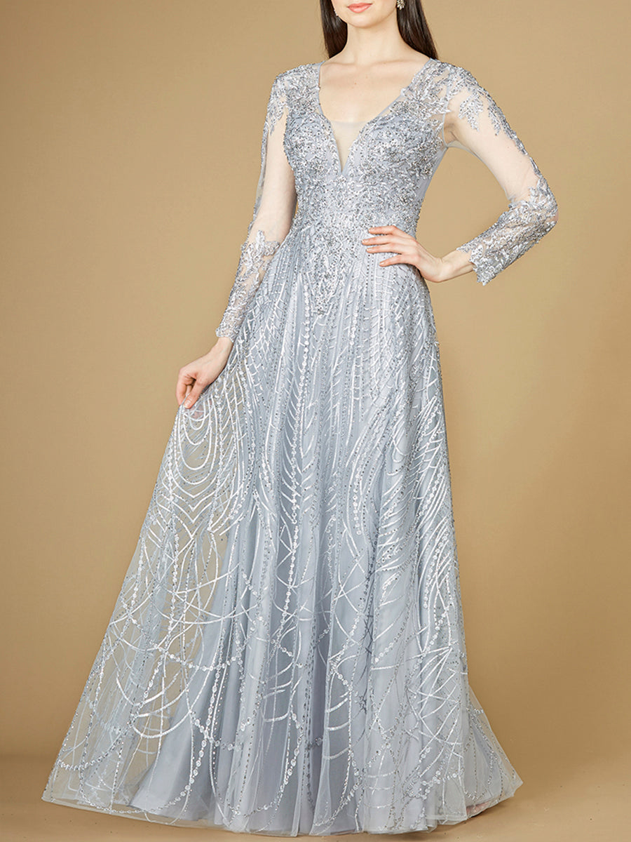 Long Sheer Sleeve V-Neckline Sheath Gown 29206