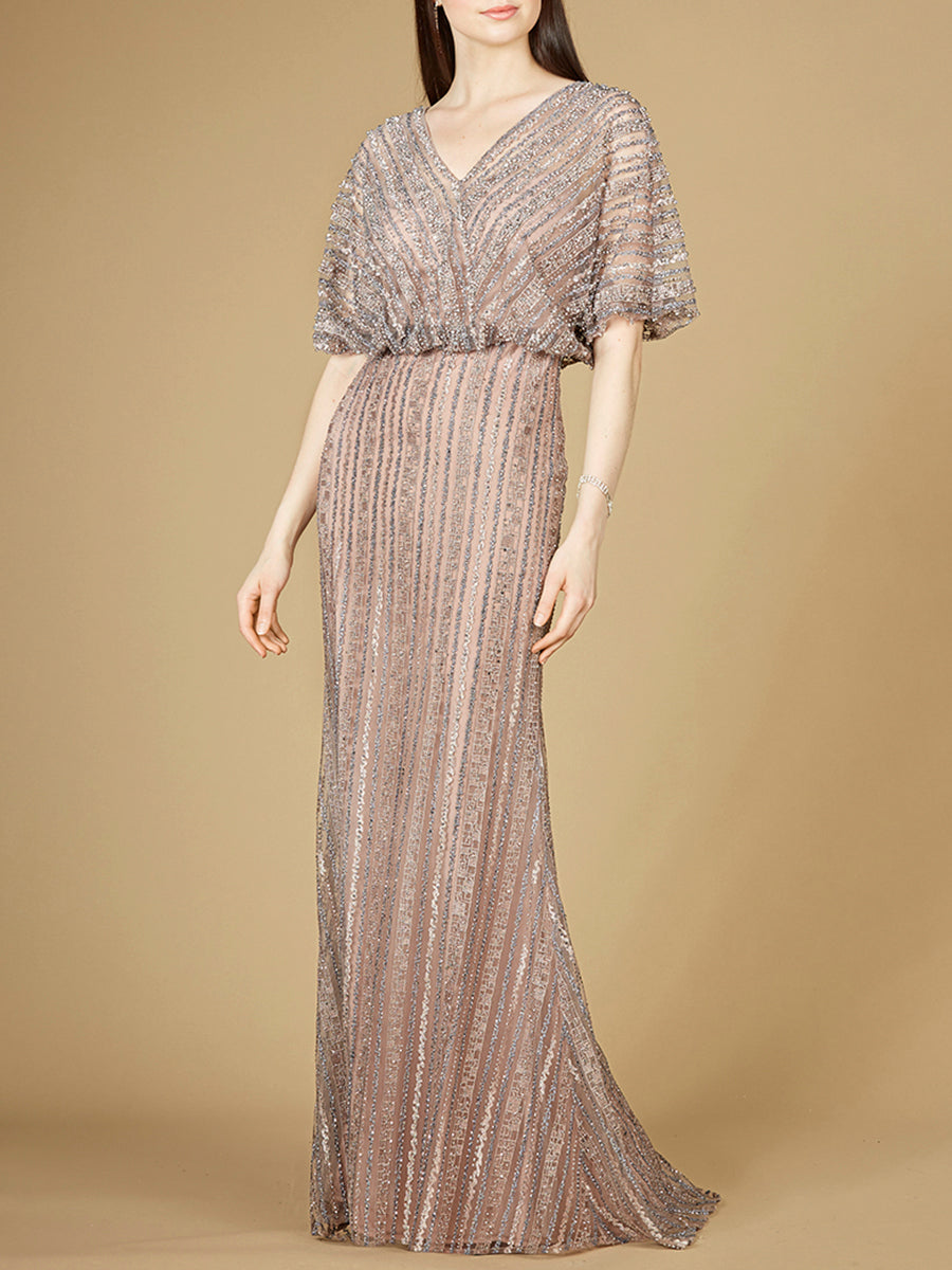 Cape Sleeve V-Neck Gown with Geometric Beading 29207