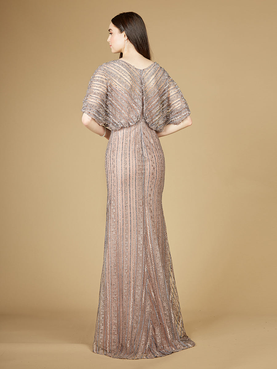 Cape Sleeve V-Neck Gown with Geometric Beading 29207