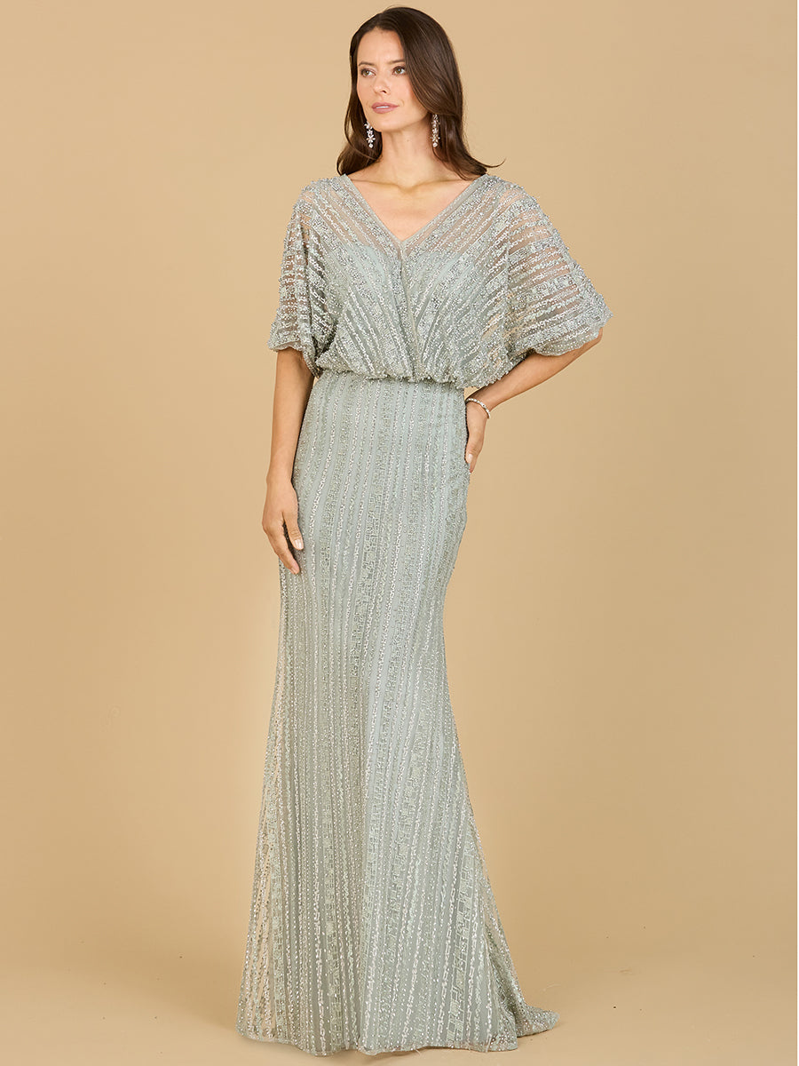 Cape Sleeve V-Neck Gown with Geometric Beading 29207