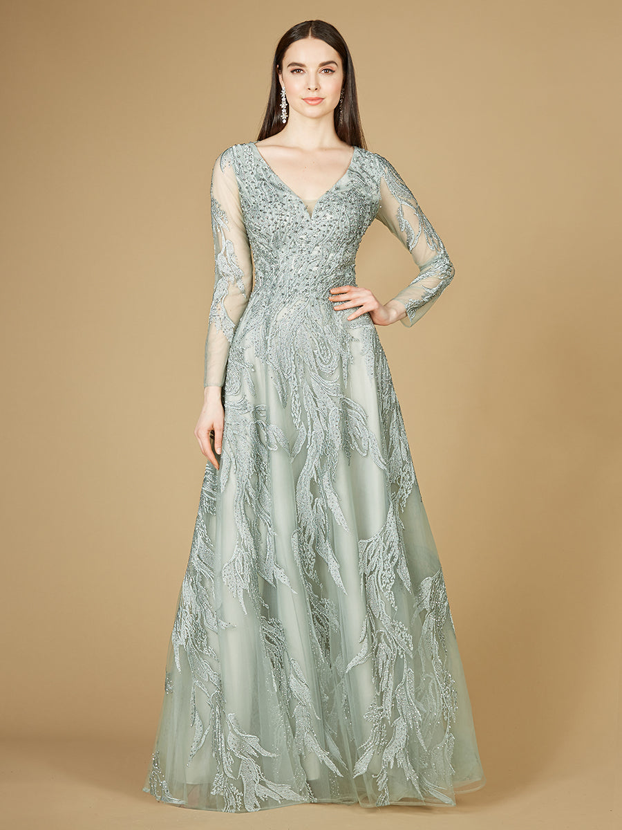 Long Sleeve Lace Ballgown with V-Neck 29209