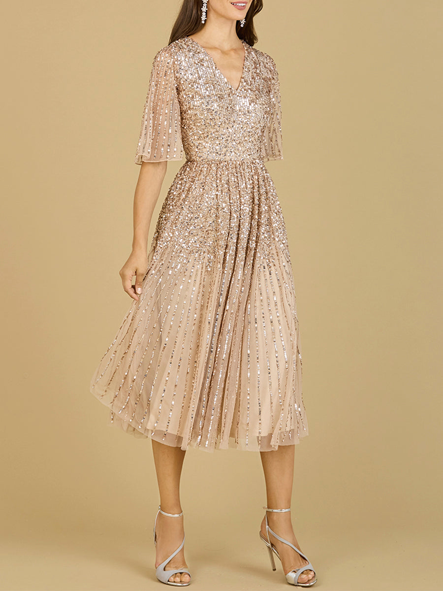 Flowing, Sequin Midi Dress with Short Sleeves 29221