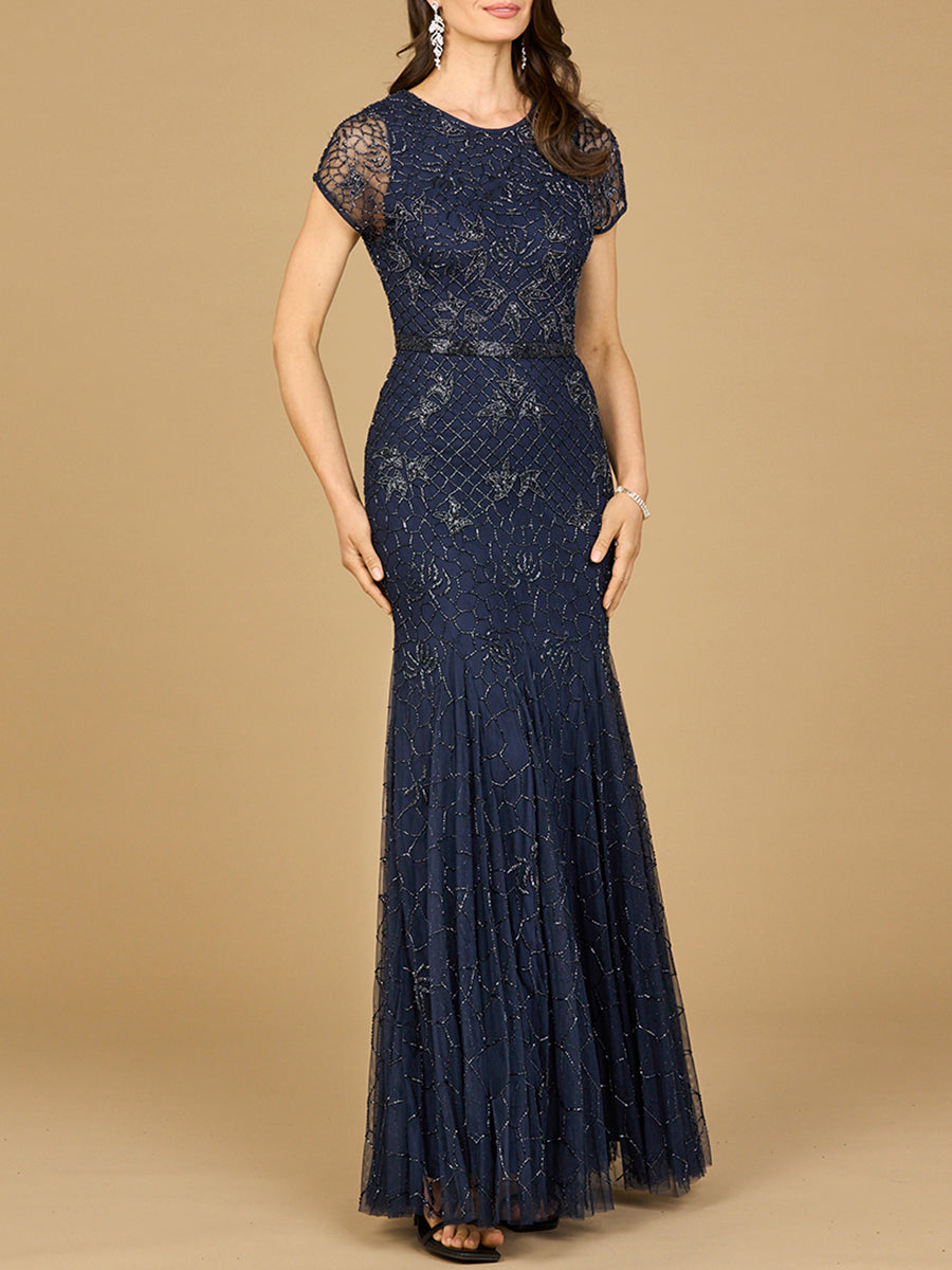 Beaded Mermaid Cap Sleeve Gown 29224