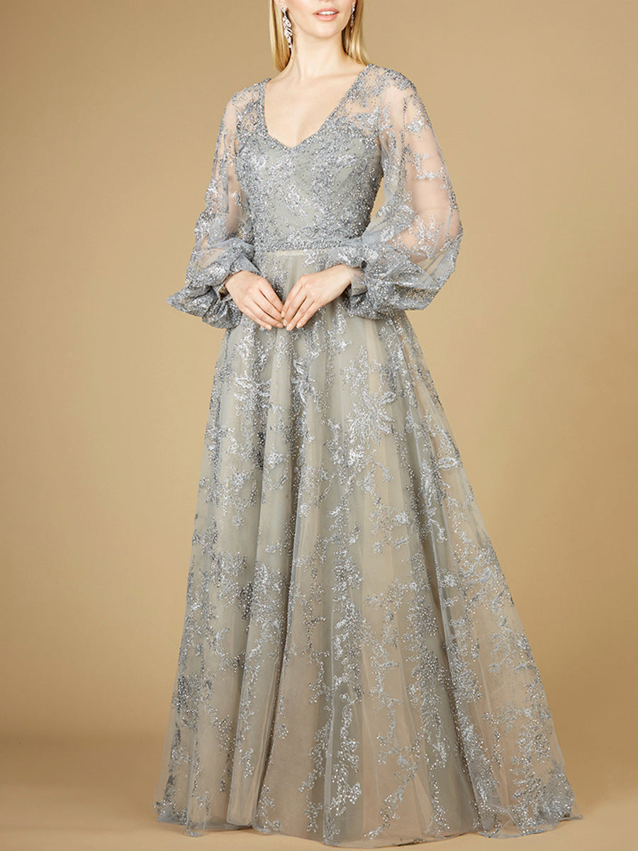 V Neckline Balloon Sleeve Gown 29229