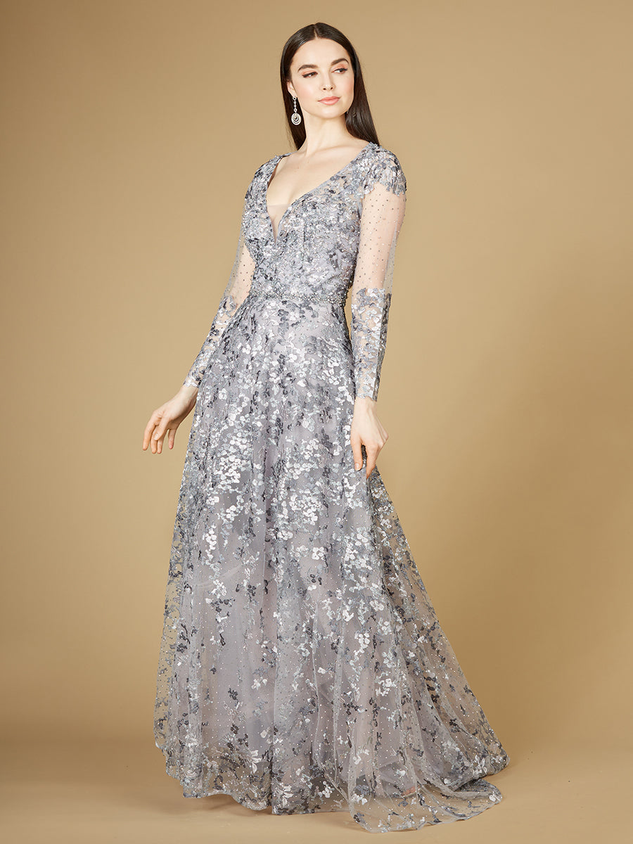 A-line Gown With Long Sleeves, V-Neckline 29239