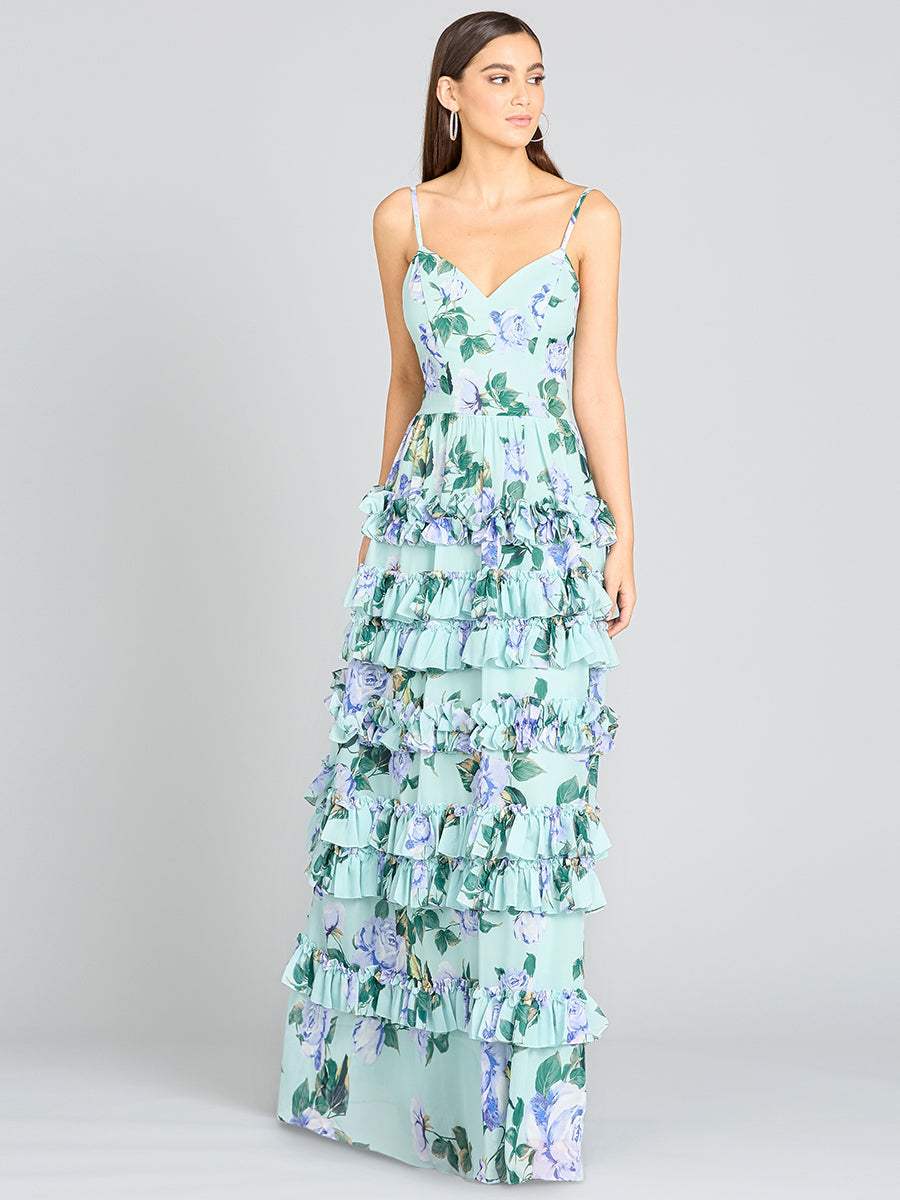 Ruffle Skirt Printed Gown with Spaghetti Straps - OUTLET 29242