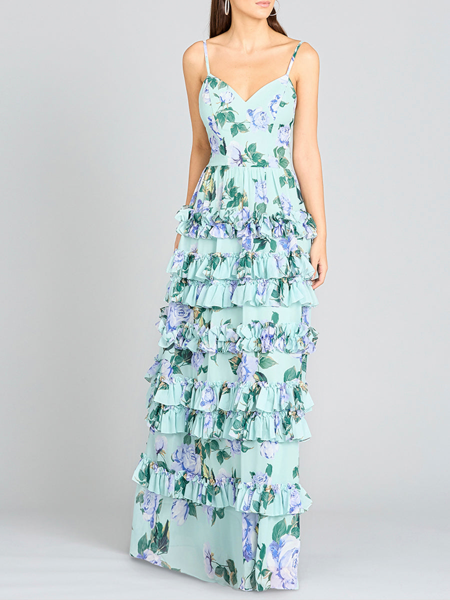 Ruffle Skirt Printed Gown with Spaghetti Straps - OUTLET 29242