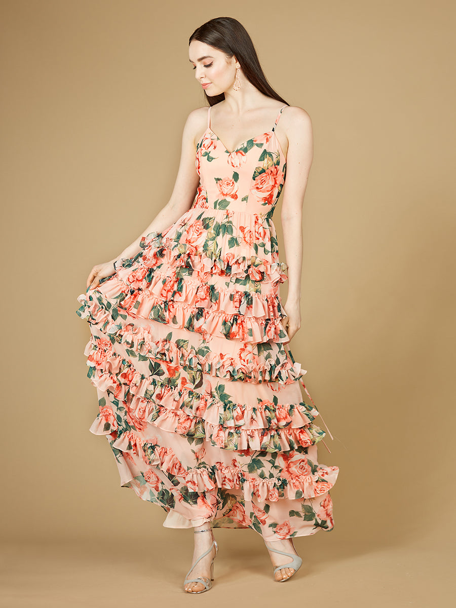 Ruffle Skirt Printed Gown with Spaghetti Straps - OUTLET 29242