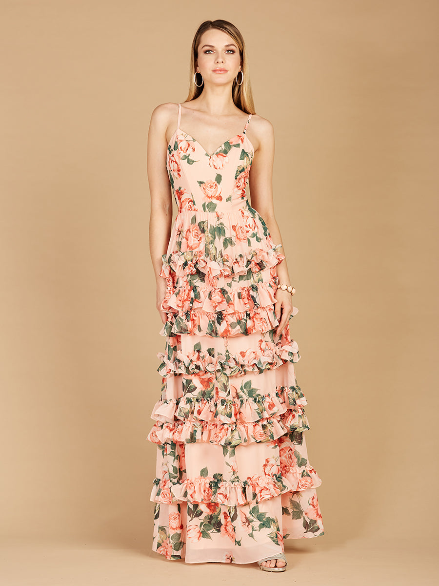 Ruffle Skirt Printed Gown with Spaghetti Straps - OUTLET 29242