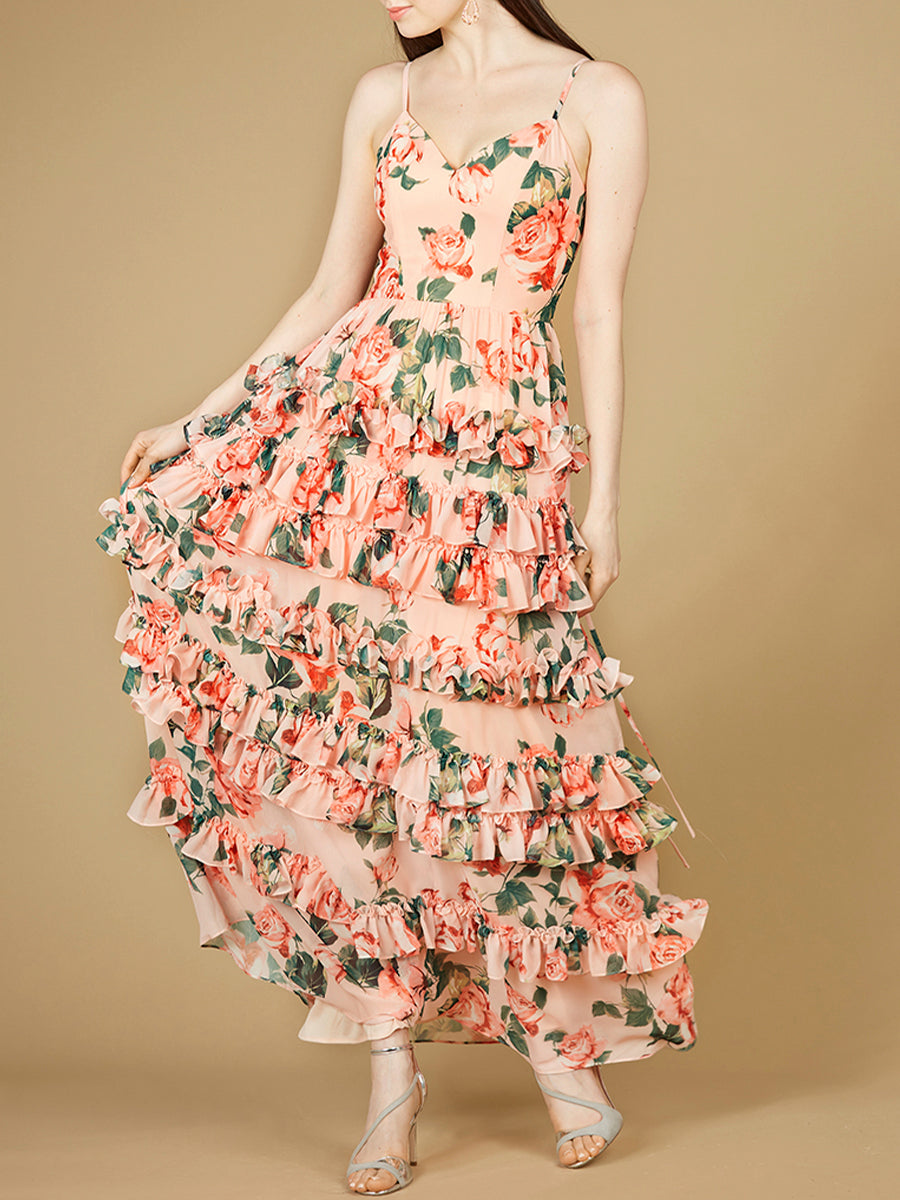 Ruffle Skirt Printed Gown with Spaghetti Straps - OUTLET 29242
