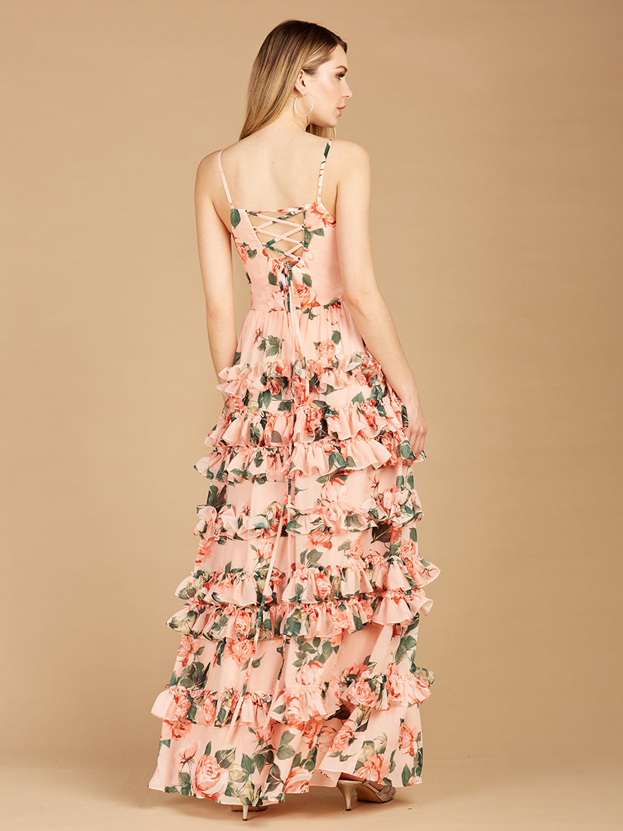 Ruffle Skirt Printed Gown with Spaghetti Straps - OUTLET 29242