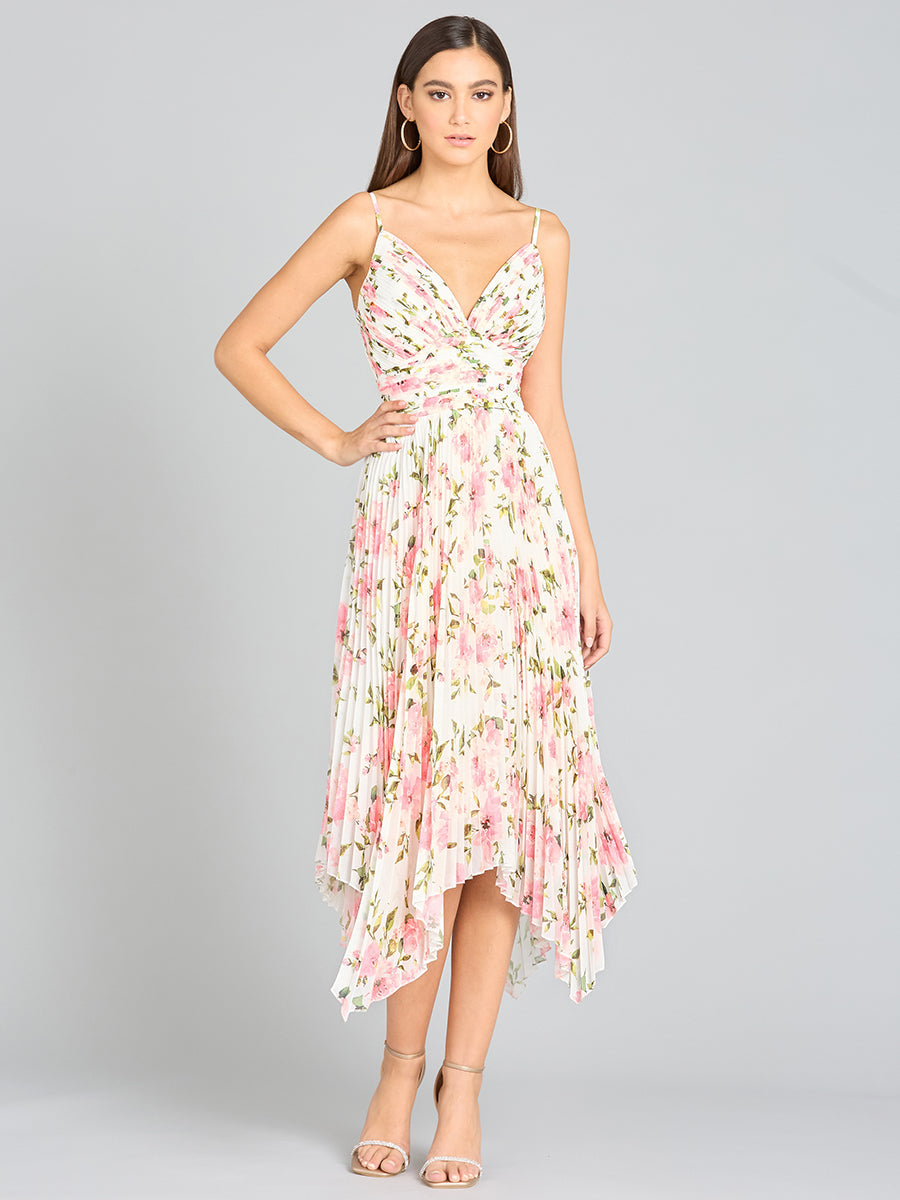 V-Neck Printed Midi Length Dress with Pleats 29243