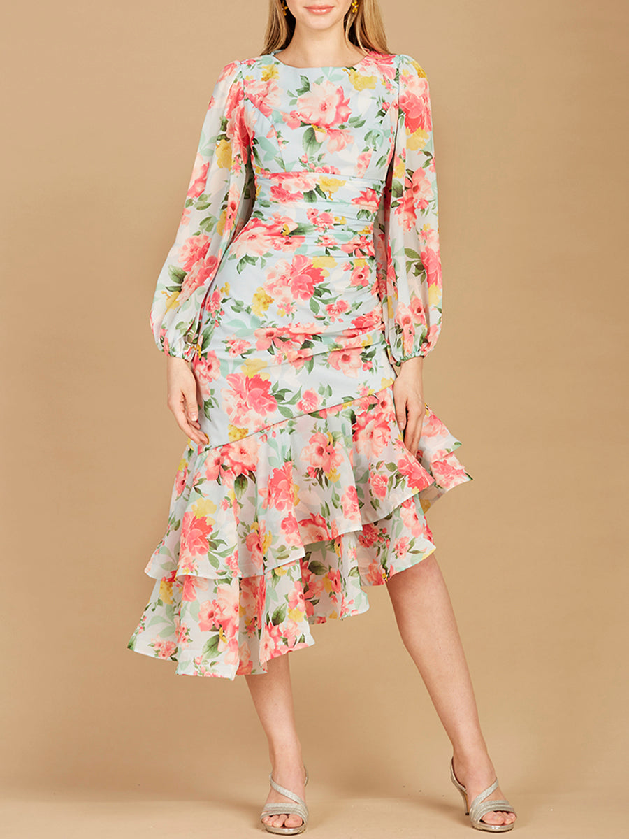 High Neck, Lace Up, Long Sleeve Printed Midi Dress - OUTLET 29244