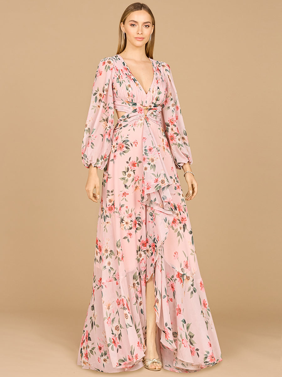 Long Sleeve V-Neck, Layered Skirt Print Dress- OUTLET 29245