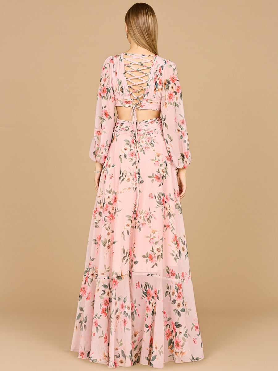 Long Sleeve V-Neck, Layered Skirt Print Dress- OUTLET 29245