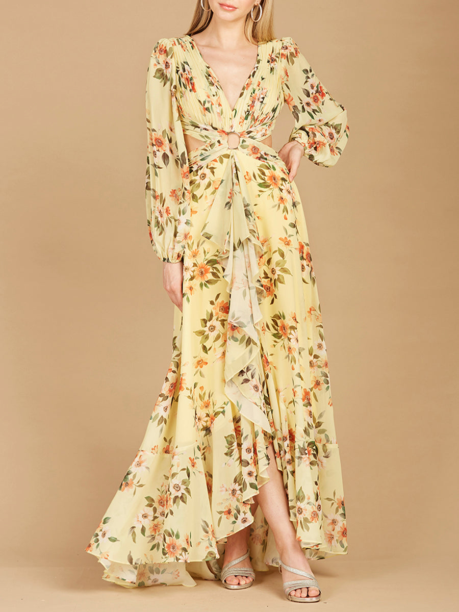 Long Sleeve V-Neck, Layered Skirt Print Dress- OUTLET 29245