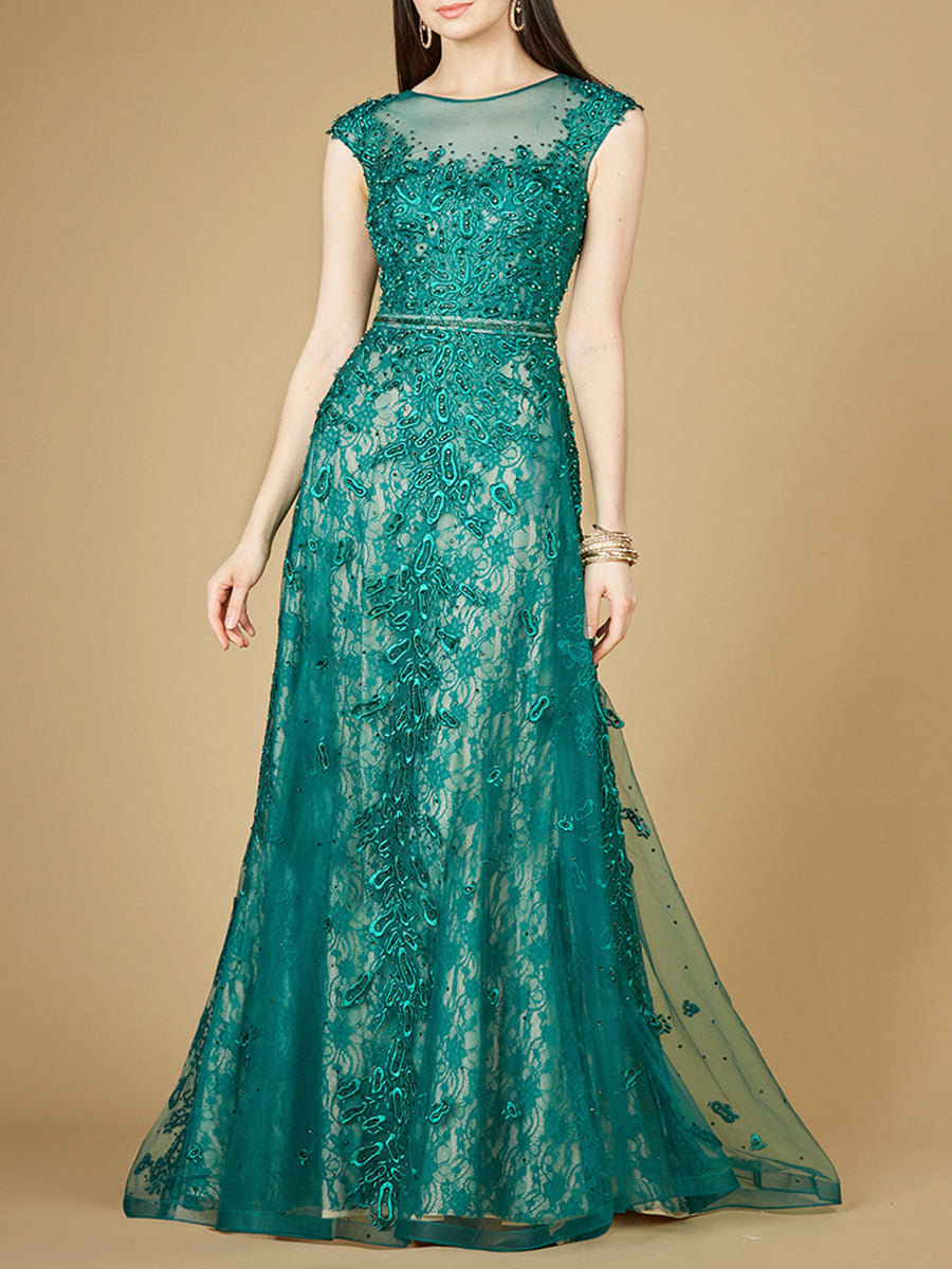 Inspired Lace Gown with Cap Sleeves 29250