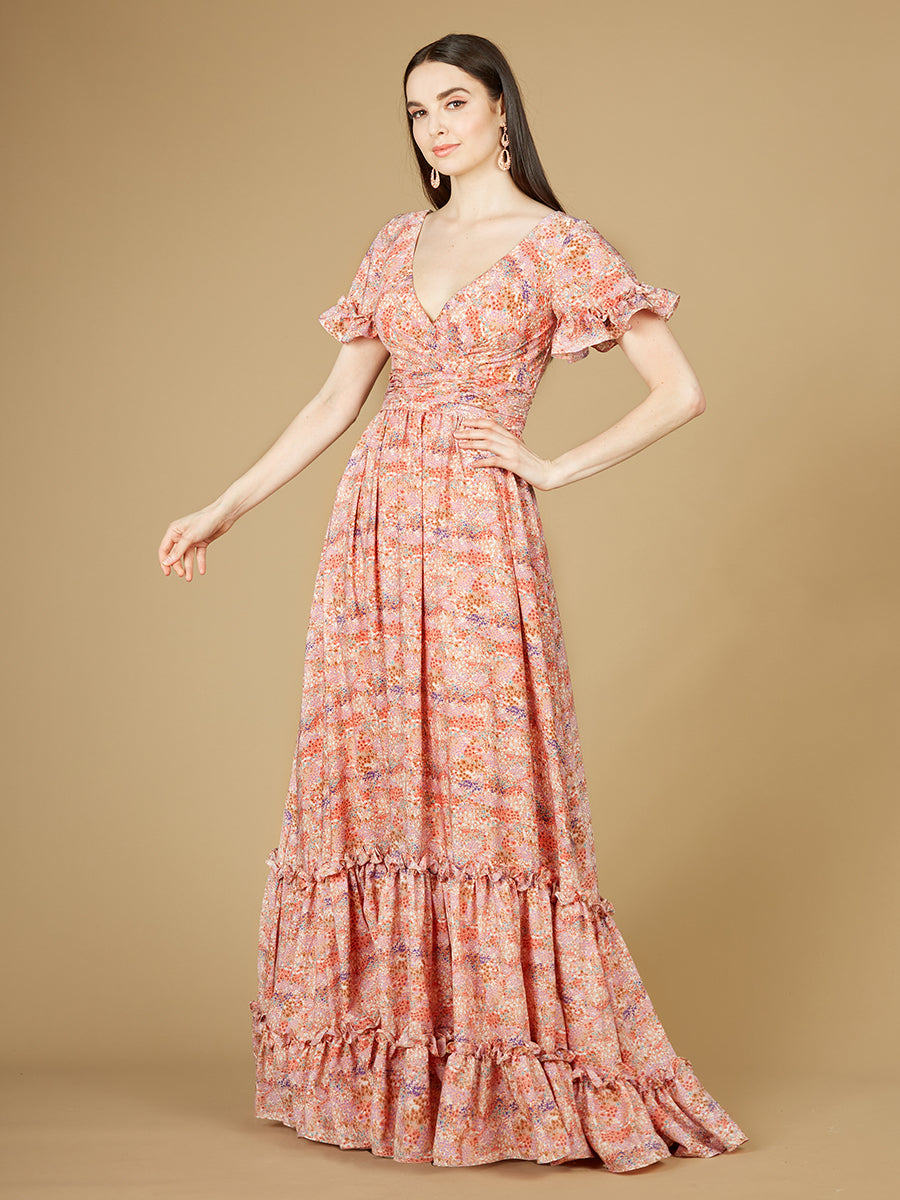 Long Print Gown with Cap Sleeves - OUTLET 29273