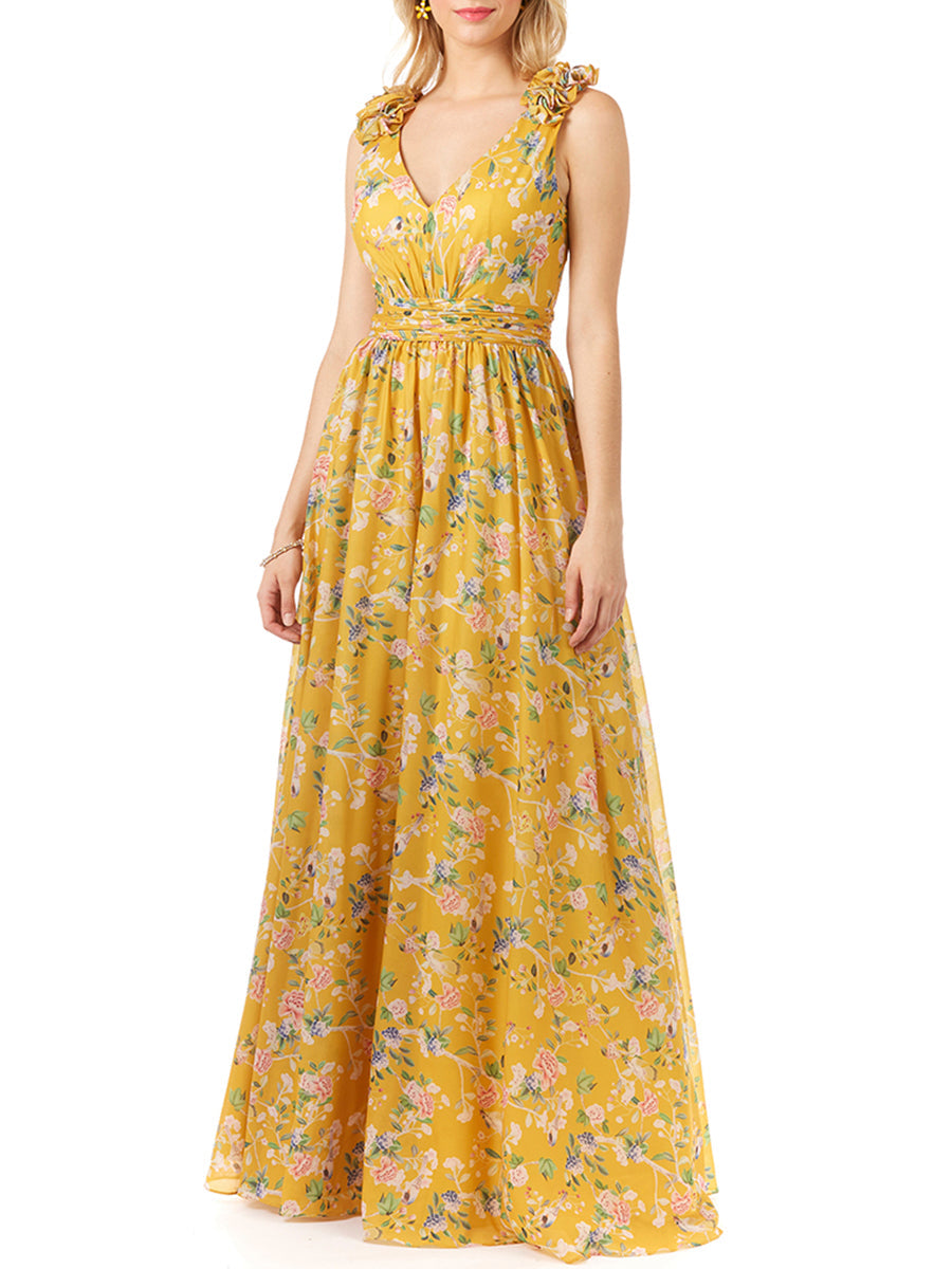 V-Neck Long Print Gown with Straps 29275