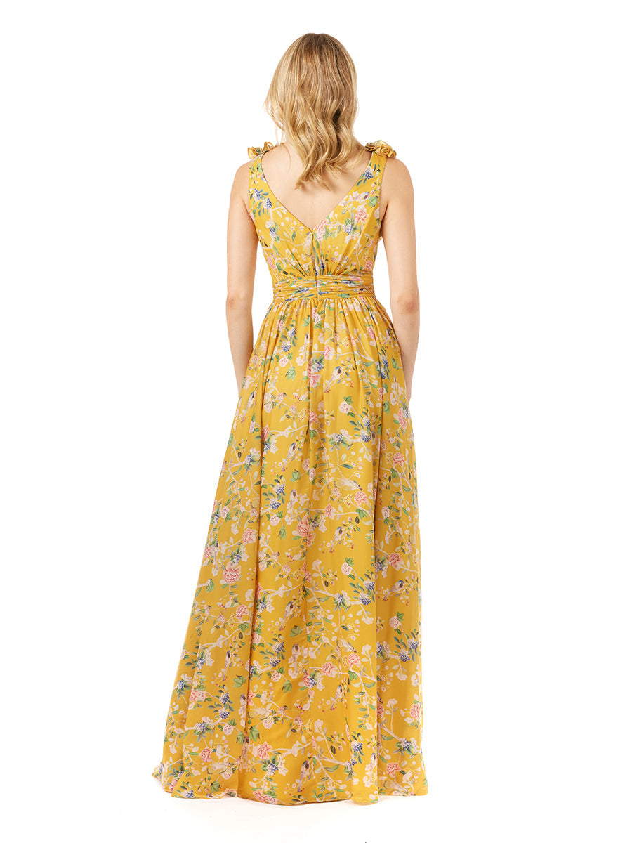 V-Neck Long Print Gown with Straps 29275