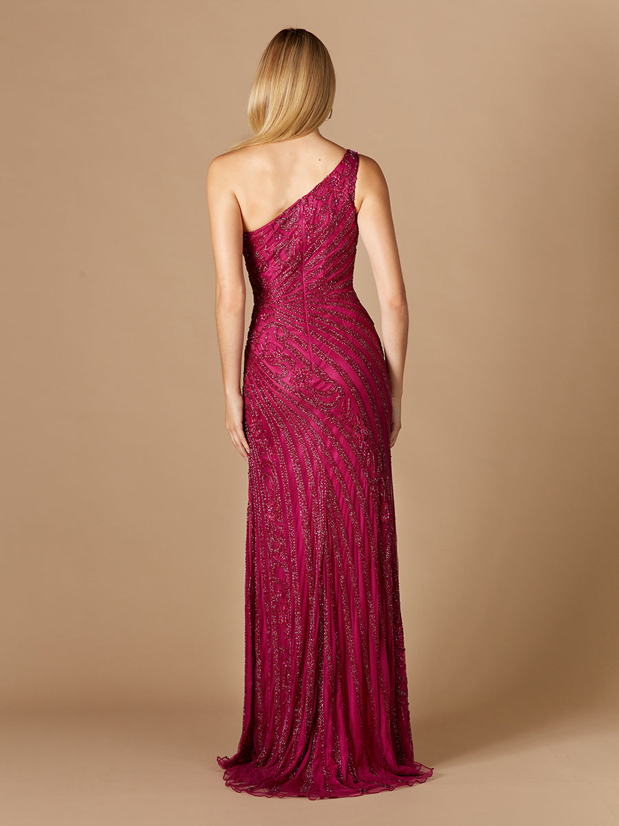 One-Shoulder Beaded Gown with Slit 29283