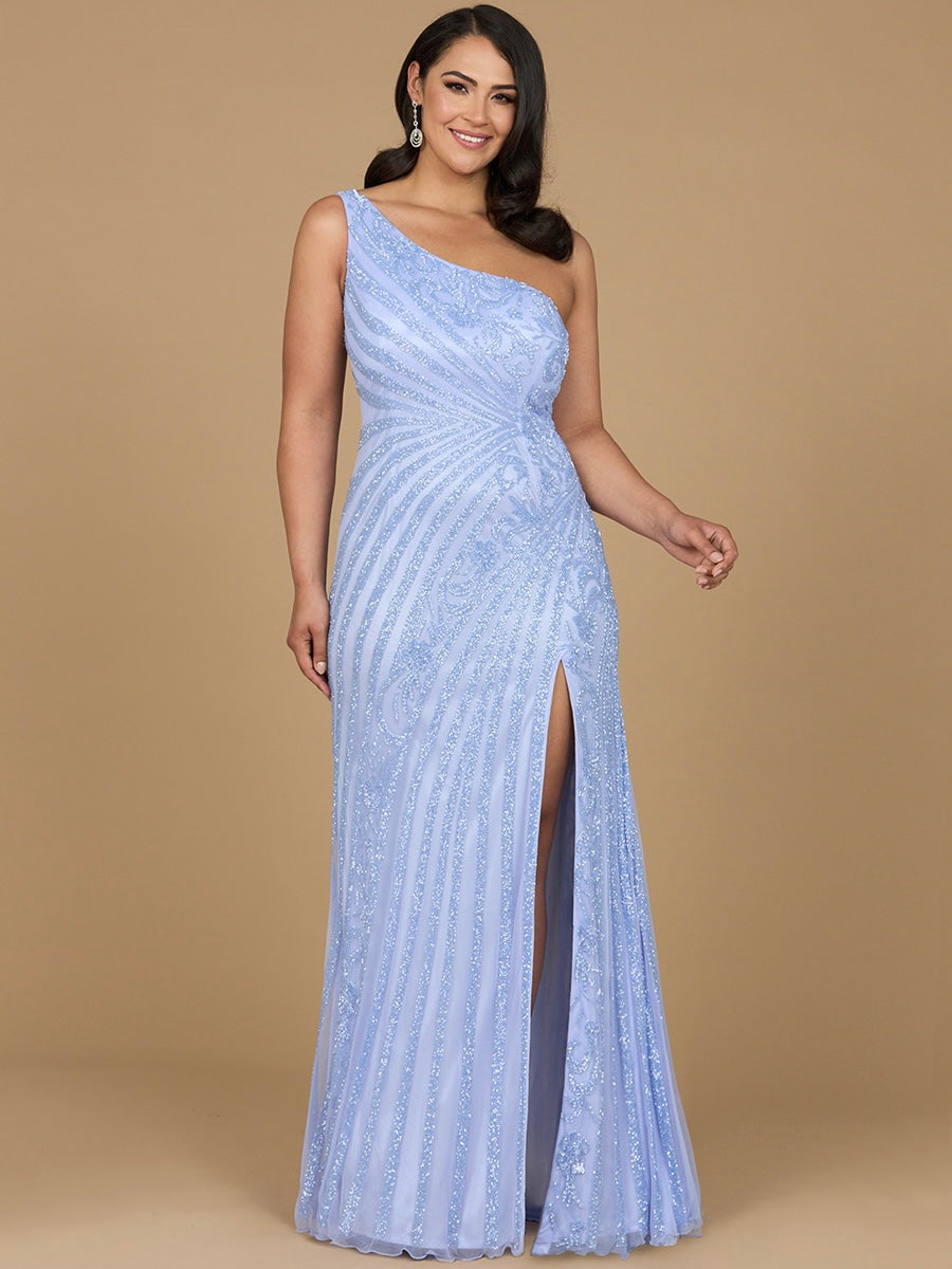 One-Shoulder Beaded Gown with Slit 29283