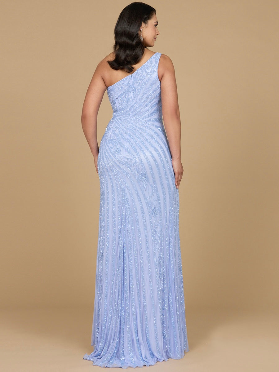 One-Shoulder Beaded Gown with Slit 29283