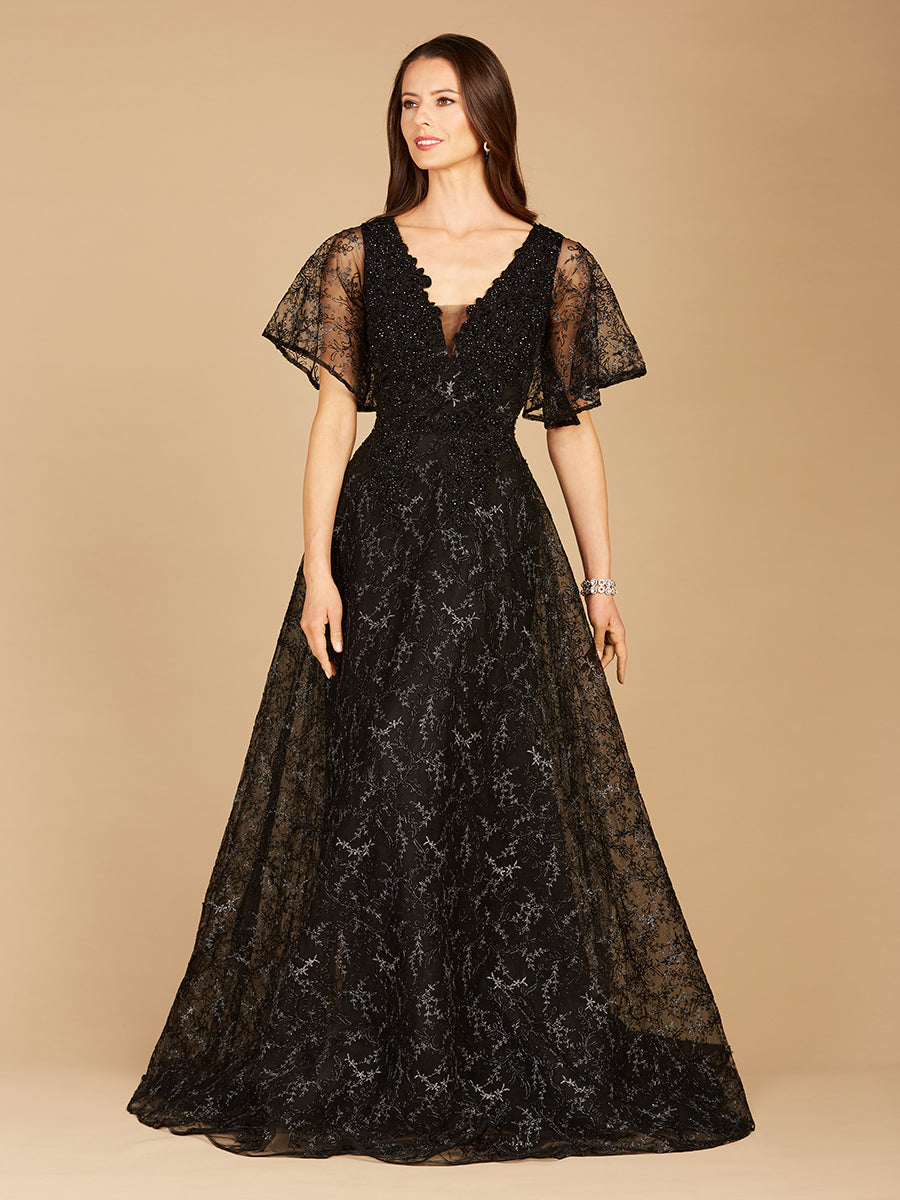 Cape Sleeve Beaded Gown in Black - OUTLET 29302