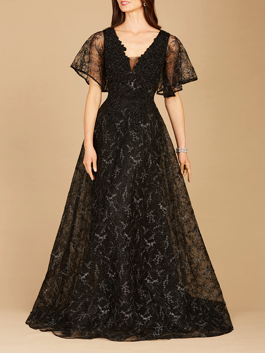Cape Sleeve Beaded Gown in Black - OUTLET 29302