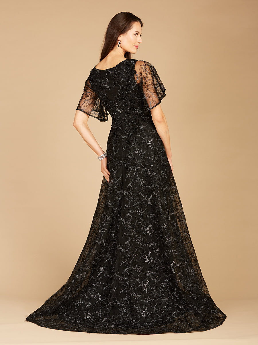 Cape Sleeve Beaded Gown in Black - OUTLET 29302