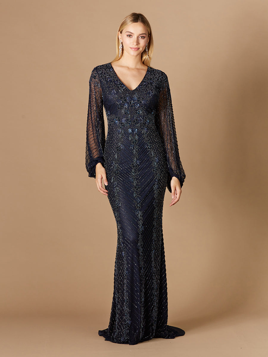 Long Sleeve Beaded Gown 29338